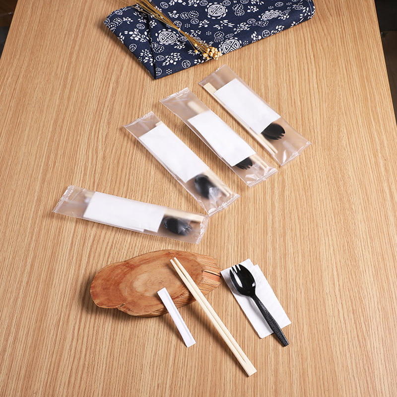 Set di bacchette di bambù usa e getta da 4 pezzi con set di pellicole composite satinate con tovagliolo Spork