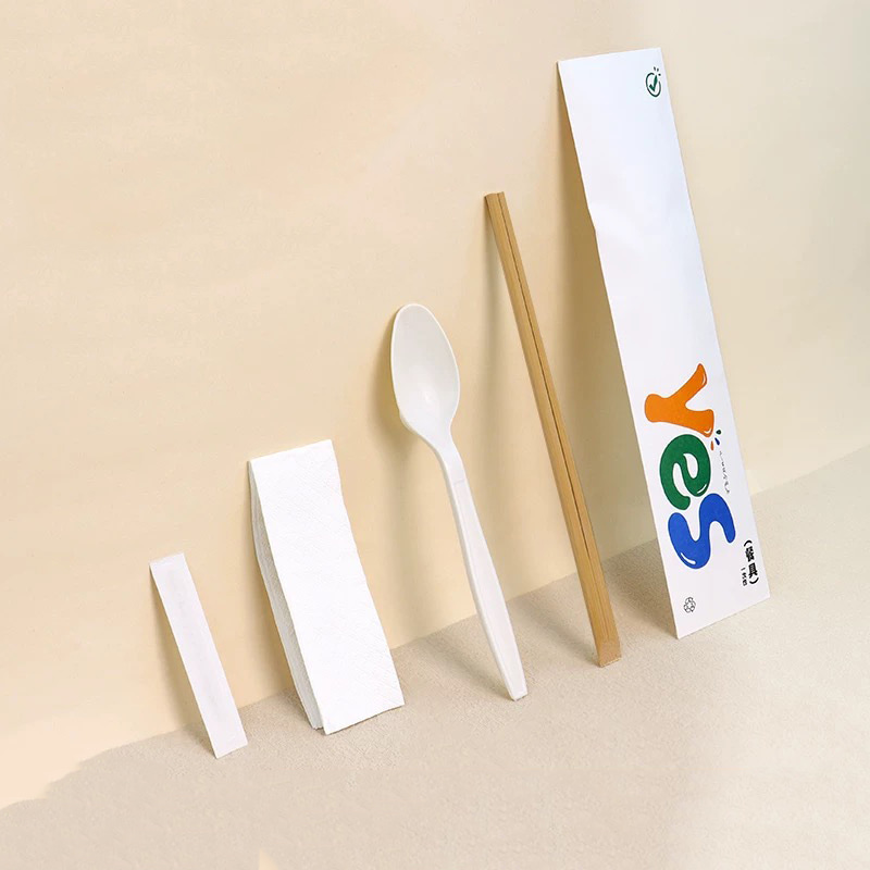 Set di bacchette di bambù usa e getta, tovagliolo, cucchiaio, stuzzicadenti, per cibo da asporto, ristorante, set di pellicole di carta degradabili