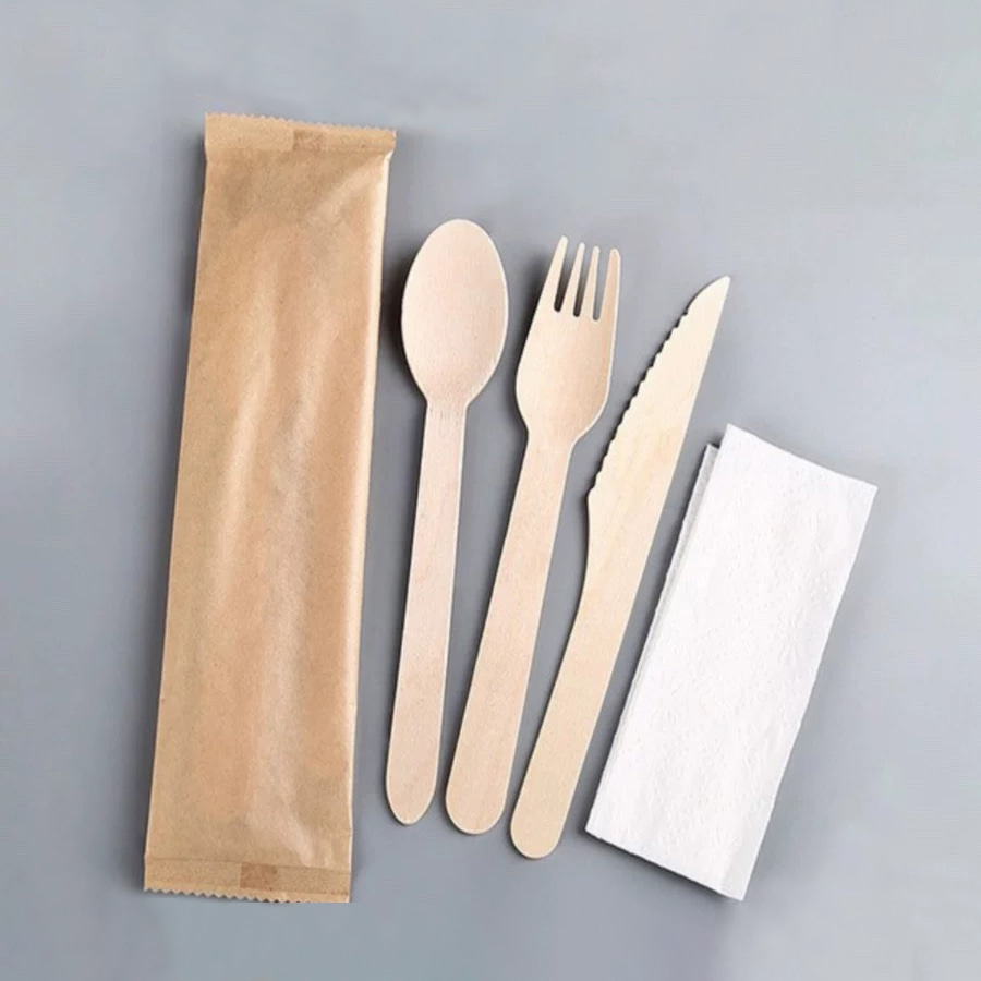 Produttore di stoviglie usa e getta ecologiche Set di posate in legno Set di pellicole di carta degradabili